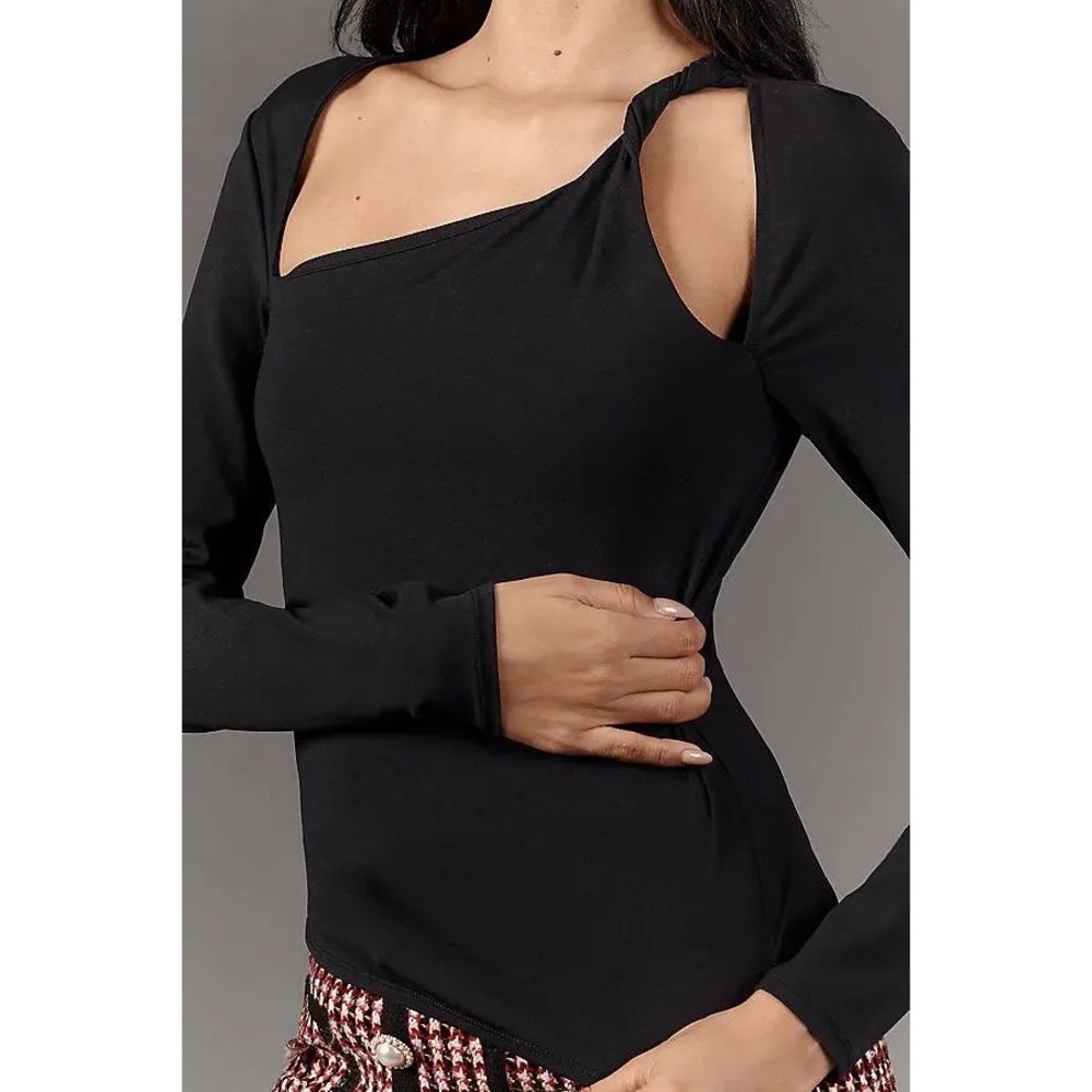 Anthropologie Black Asymmetrical Twisted Cutout Long Sleeve Top Large